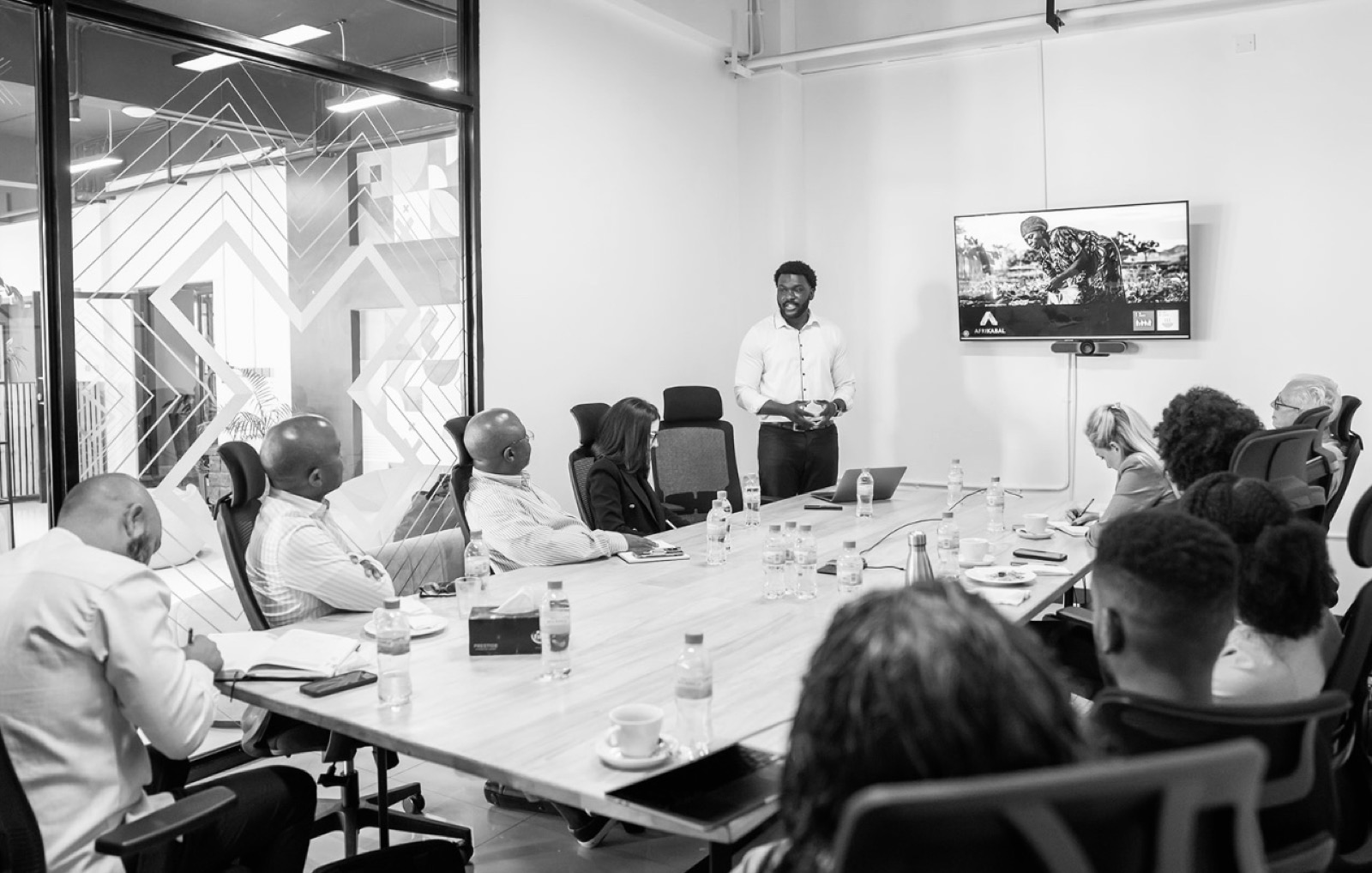 Tejiri Jesse presenting Afrikabal to a boardroom audience